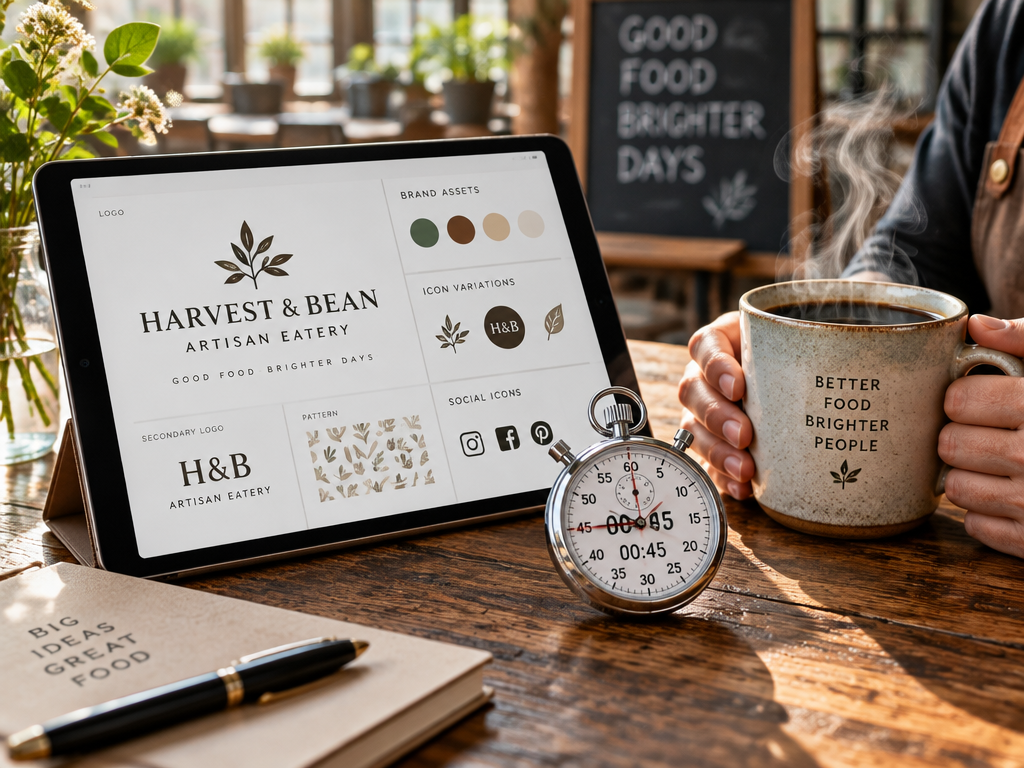 Fast eatery logo creation shown with a 45 second stopwatch and steaming hot coffee on table