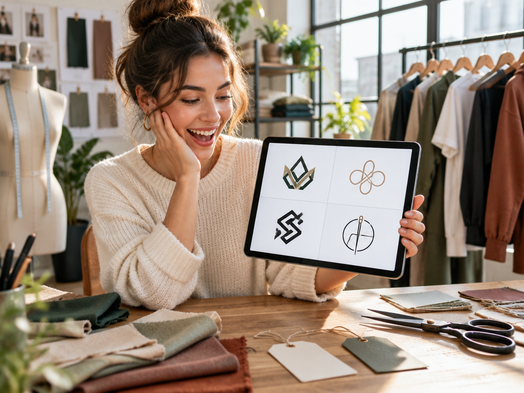 Clothing entrepreneur generating unique clothing brand logos instantly on tablet beside garment rack