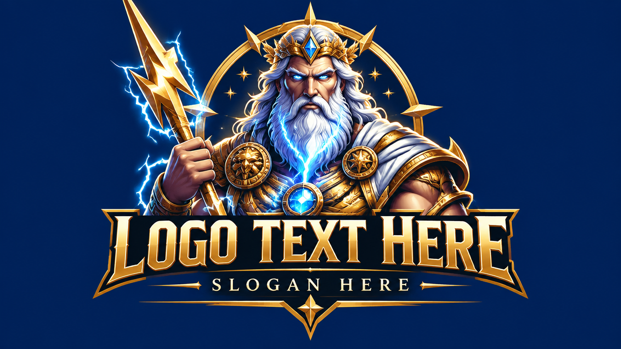 Epic fantasy RPG warrior gaming logo design template on navy background