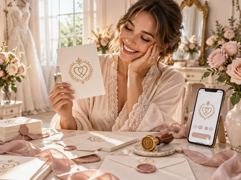 Bride-to-be holding custom gold foil heart crest wedding invitation created without design skills