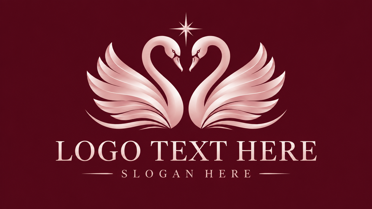 Twin swans forming heart luxury romantic logo design template on burgundy background