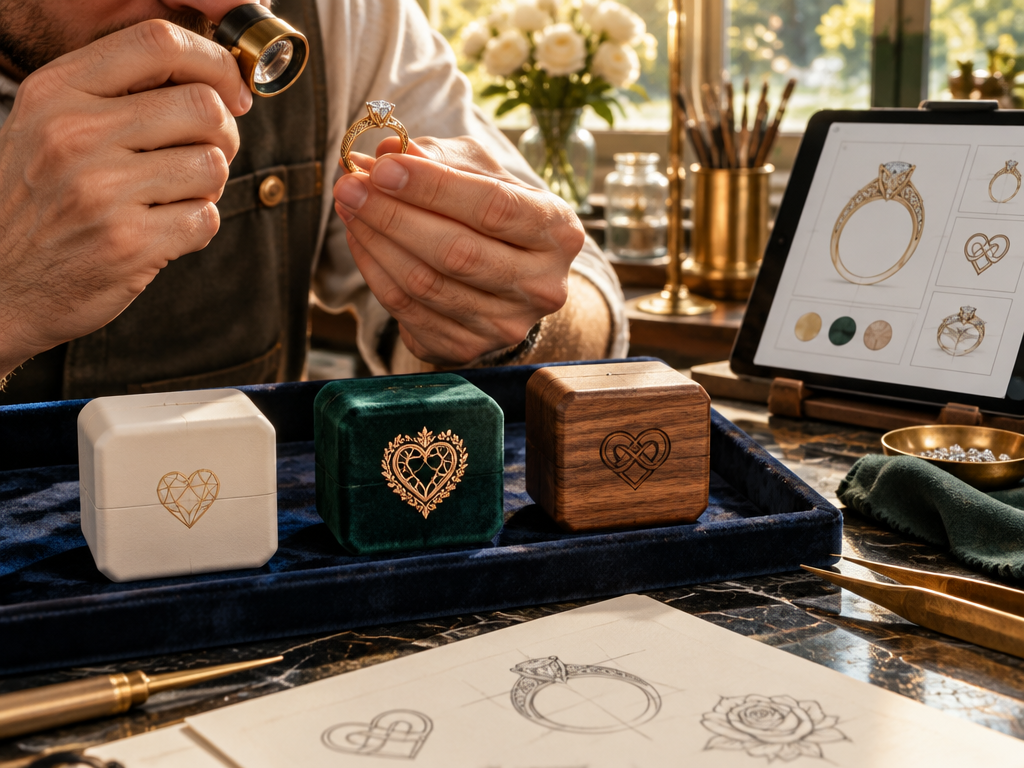 Artisan jeweler inspecting bespoke engagement ring boxes with custom heart logos in sunlit studio