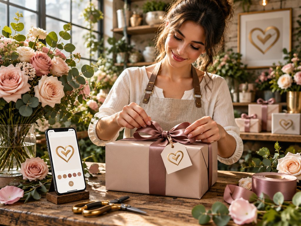 Florist tying ribbon on luxury gift box with custom gold foil heart logo in sunlit flower shop