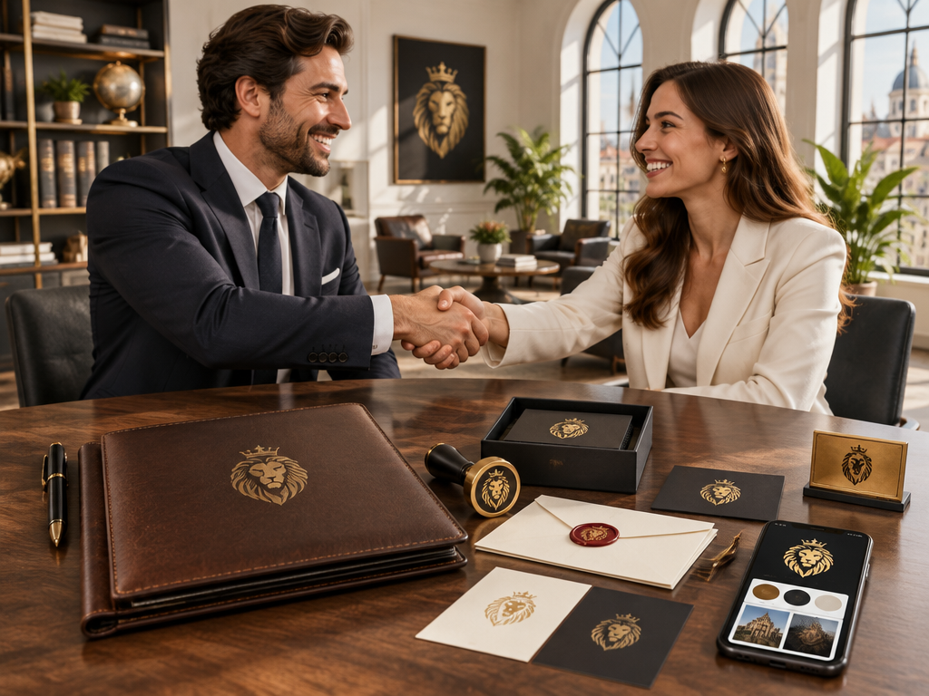Business partners celebrating saving time and money on prestigious lion brand identity suite in modern office