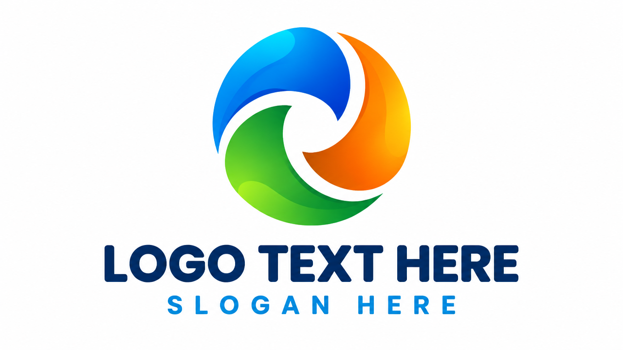 Tri-color fluid vortex pinwheel modern logo template on white background with LOGO TEXT HERE.