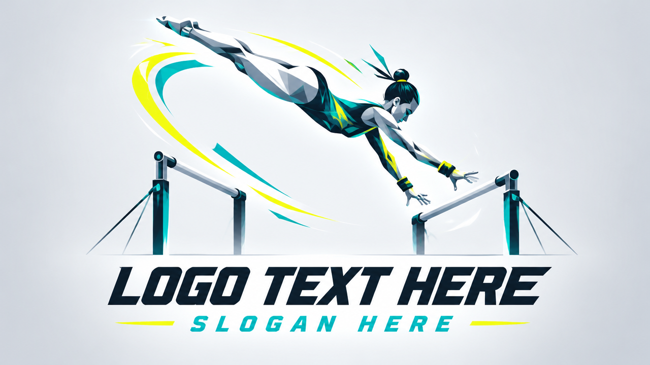 Modern geometric gymnastics logo template featuring an uneven bars release move with LOGO TEXT HERE.