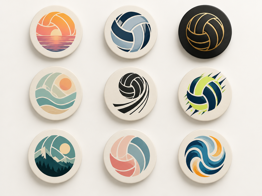 Minimalist creative color and style spectrum grid showing infinite volleyball logo design variations.