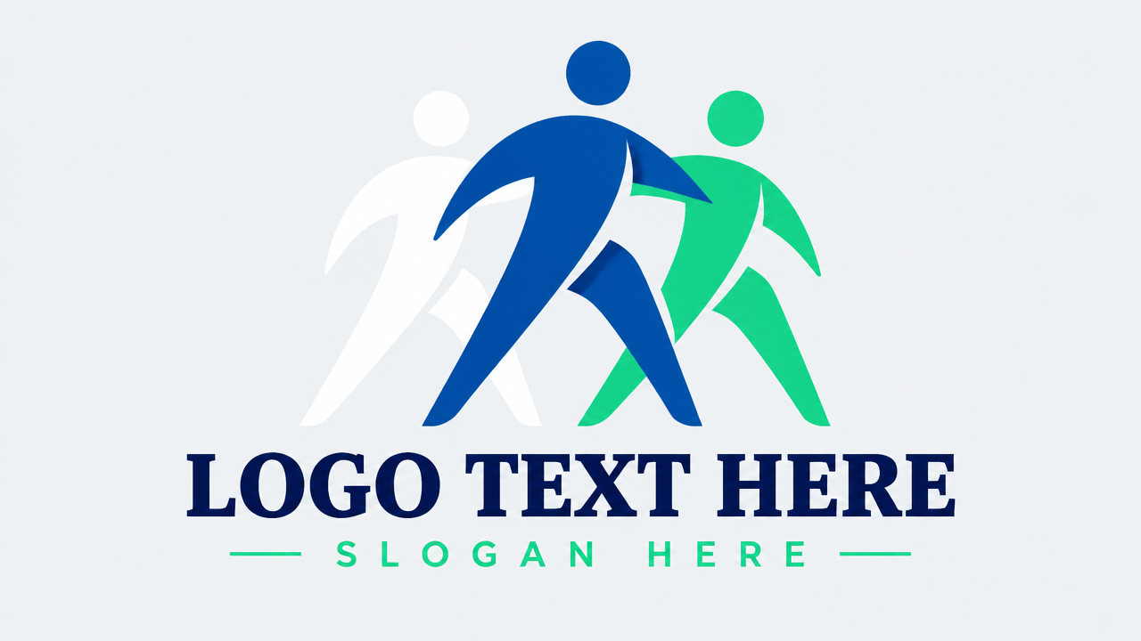 Modern corporate teamwork logo of three forward-looking stylized leaders with LOGO TEXT HERE and SLOGAN HERE.
