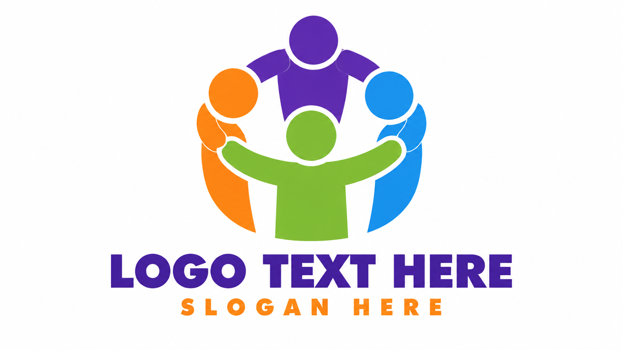 Diverse four-person circle teamwork logo with arms around shoulders and LOGO TEXT HERE placeholder.