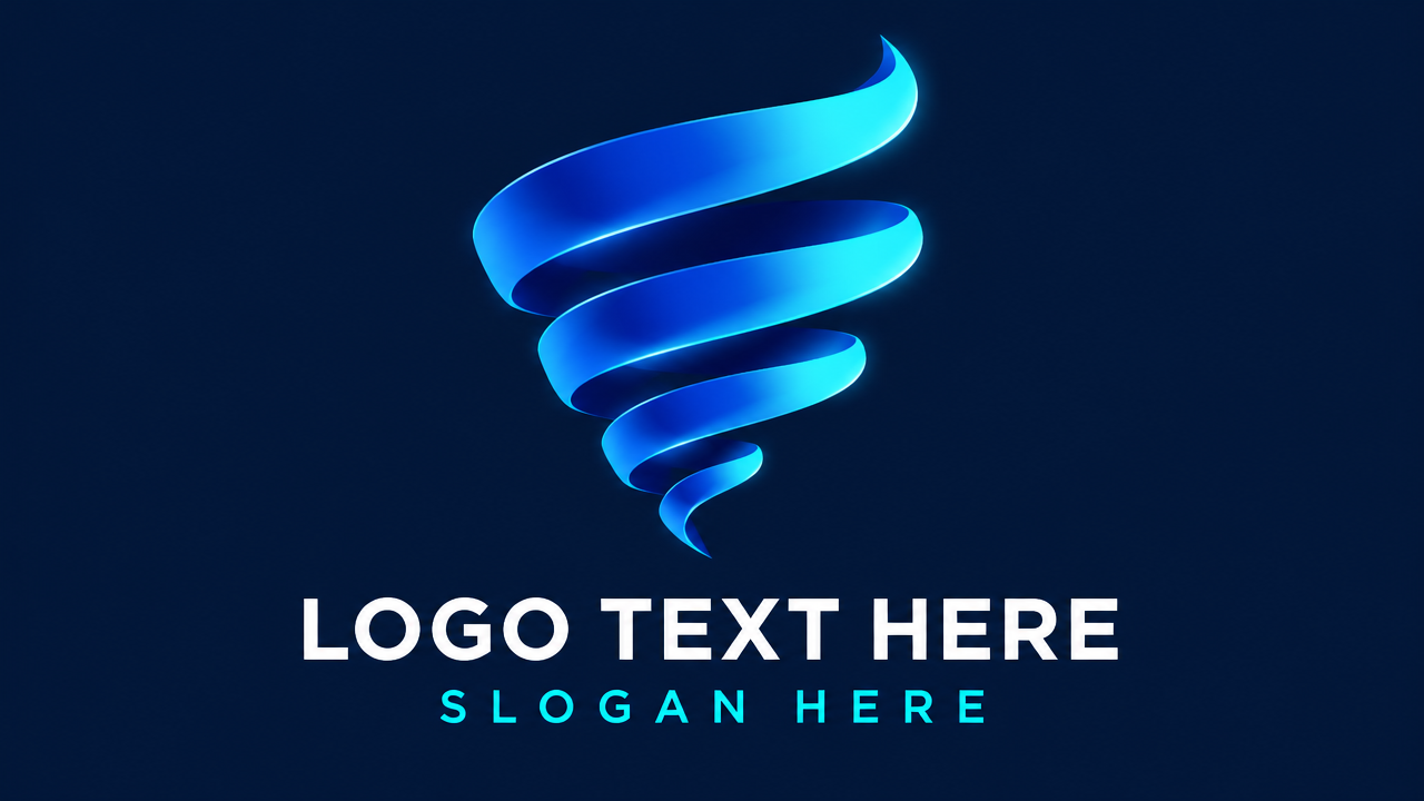 Layered electric cyan spiral fluid wave logo template on navy background with LOGO TEXT HERE.