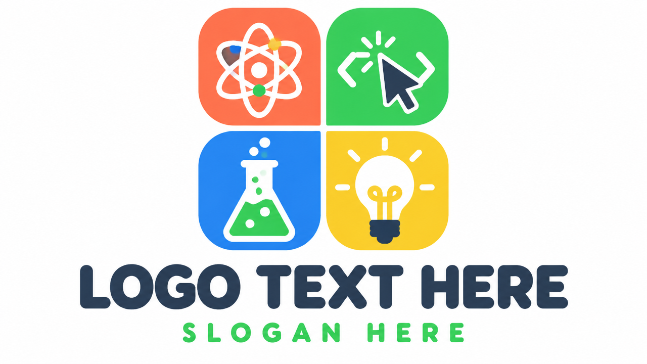 Creative STEAM kids science and coding education logo template with colorful icons and LOGO TEXT HERE.