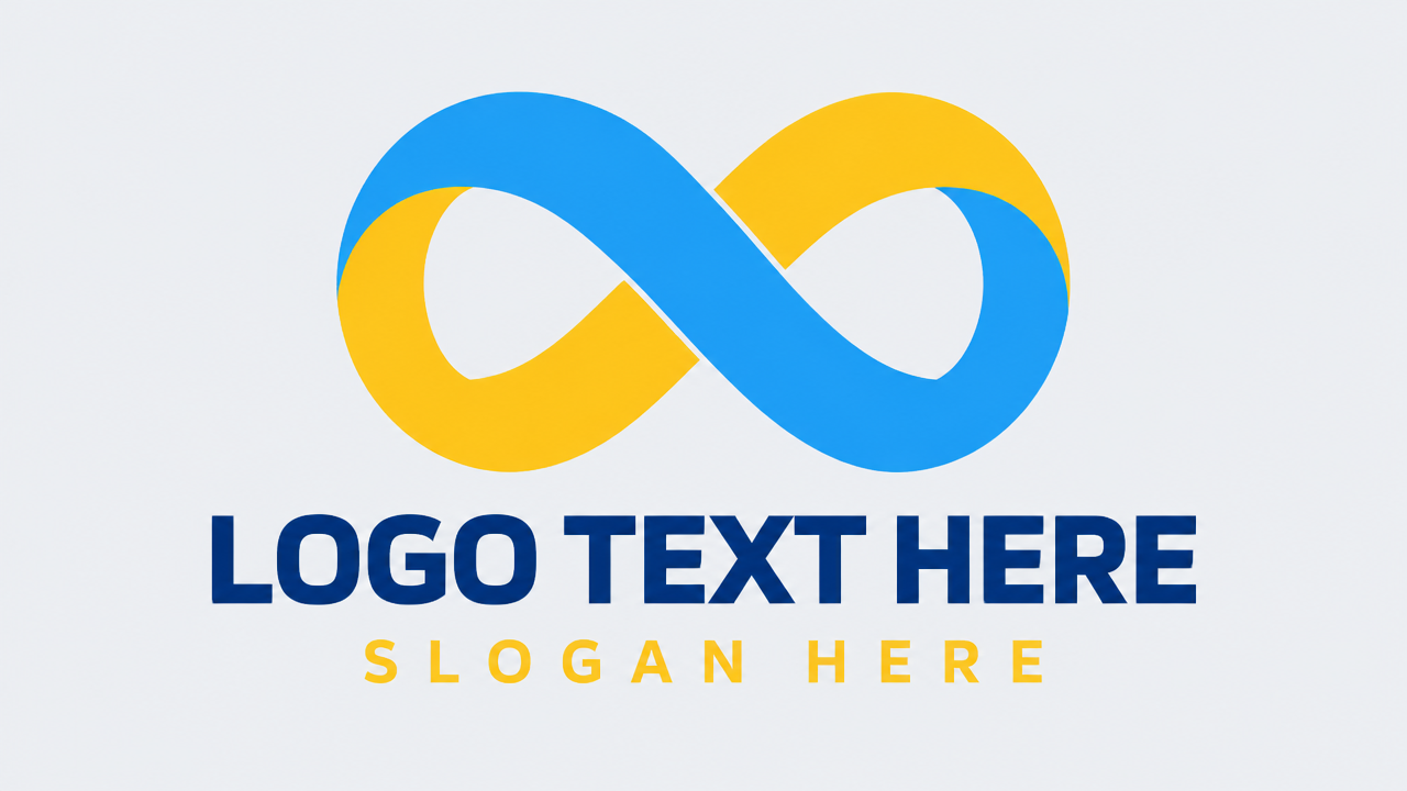 Minimalist blue and gold infinite chain link teamwork logo template with LOGO TEXT HERE and SLOGAN HERE.