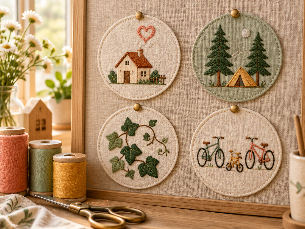 A warm family craft mood board displaying diverse embroidered family logo patches representing endless creative customization.