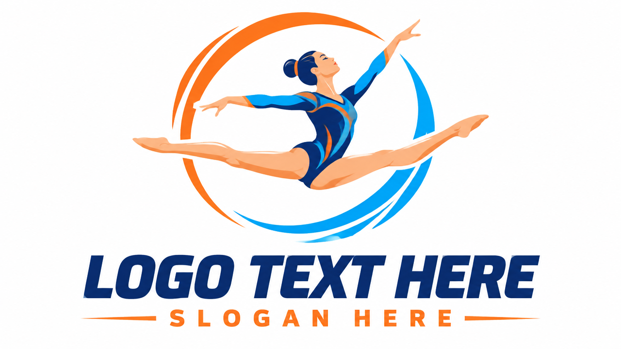 Dynamic orange gymnastics logo template of a gymnast leaping mid-air with LOGO TEXT HERE.