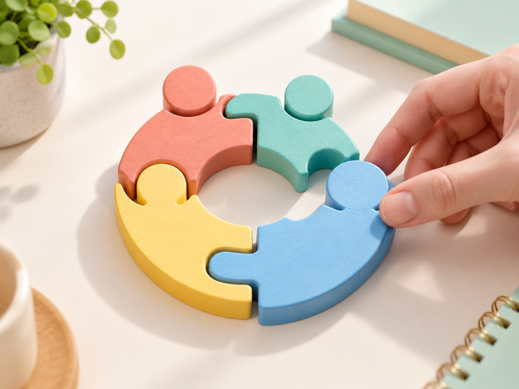 Playful magnetic puzzle pieces effortlessly snapping together into a unified teamwork logo, symbolizing zero design skills needed.