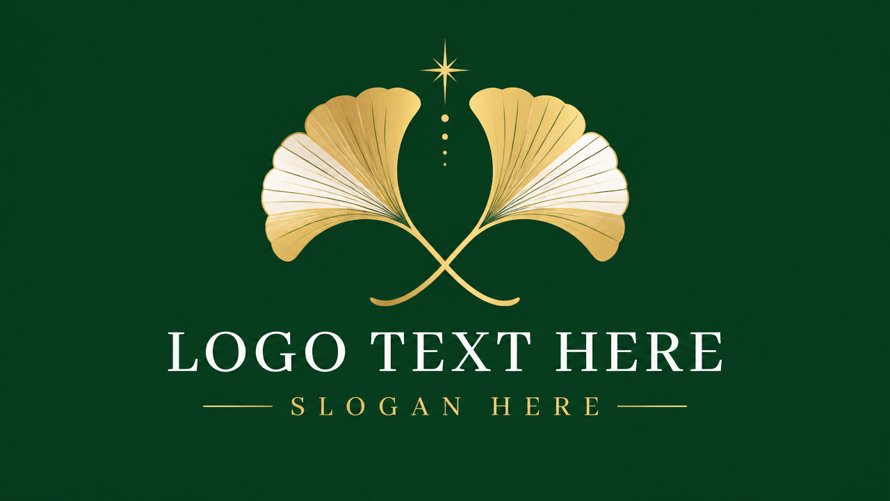 Elegant geometric ginkgo leaf flower logo design template with LOGO TEXT HERE on deep green background.