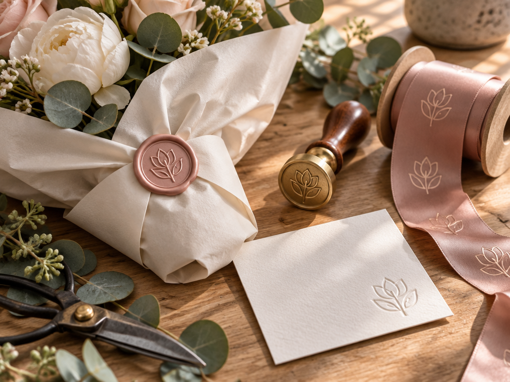 A bespoke custom flower logo featured on a brass wax seal, branded silk ribbon, and bouquet care card in a florist studio.