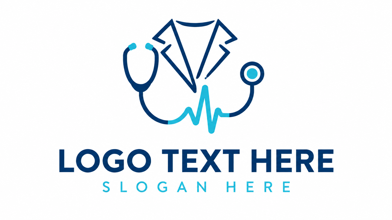 Modern minimalist doctor logo template featuring clean stethoscope and lab coat collar lines with LOGO TEXT HERE.