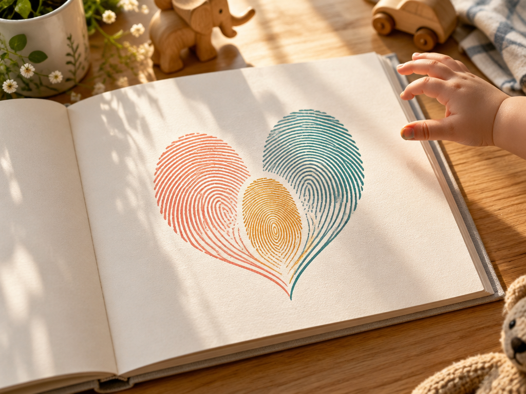 Three colorful family fingerprints effortlessly blooming into a unique heart-shaped family logo on a warm tabletop.
