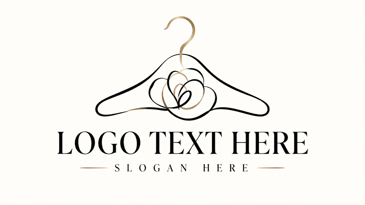 Elegant minimalist fashion boutique store logo template with hanger line art and LOGO TEXT HERE.