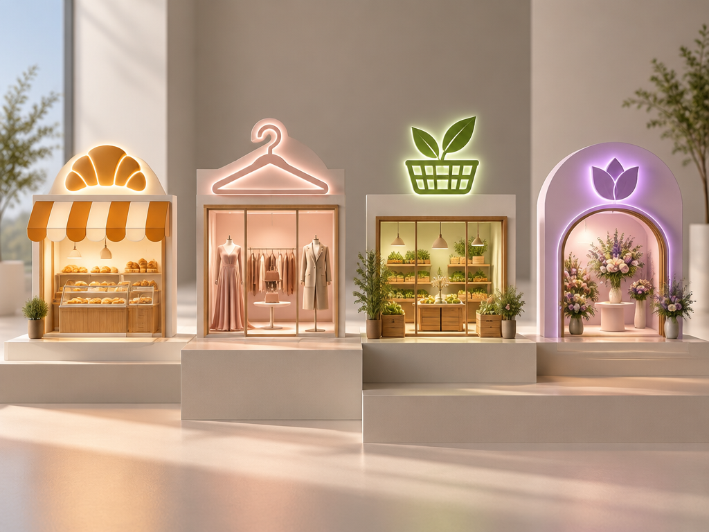 A miniature modern high street displaying an array of diverse glowing storefront logos illuminated instantly.