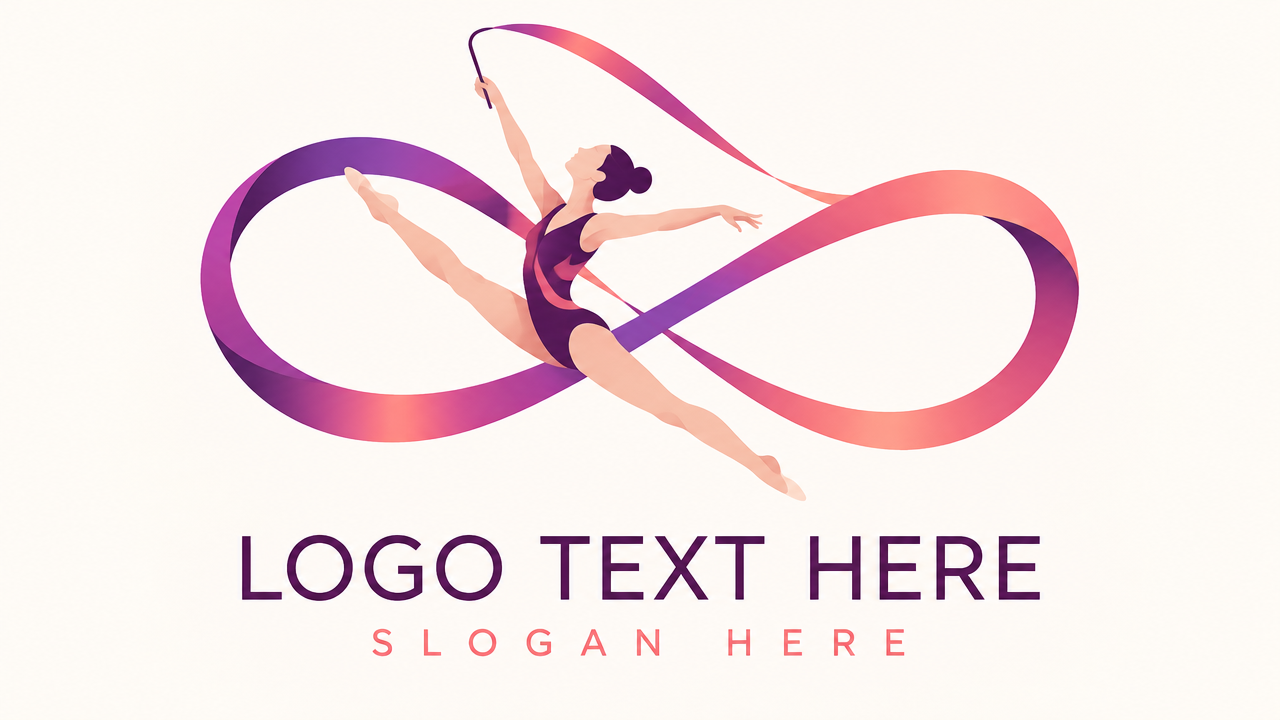  Graceful rhythmic gymnastics logo template with flowing colorful ribbon curves and LOGO TEXT HERE.