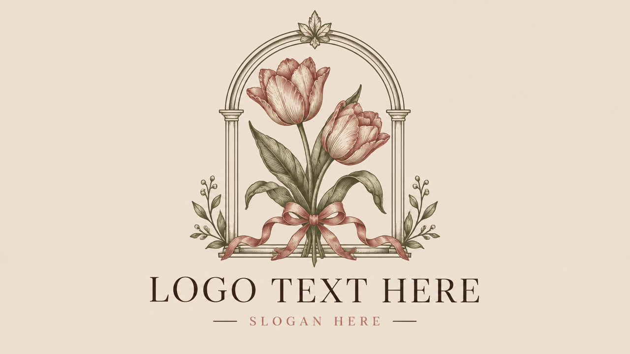 Classic vintage botanical arch tulip flower logo template with LOGO TEXT HERE on warm cream background.