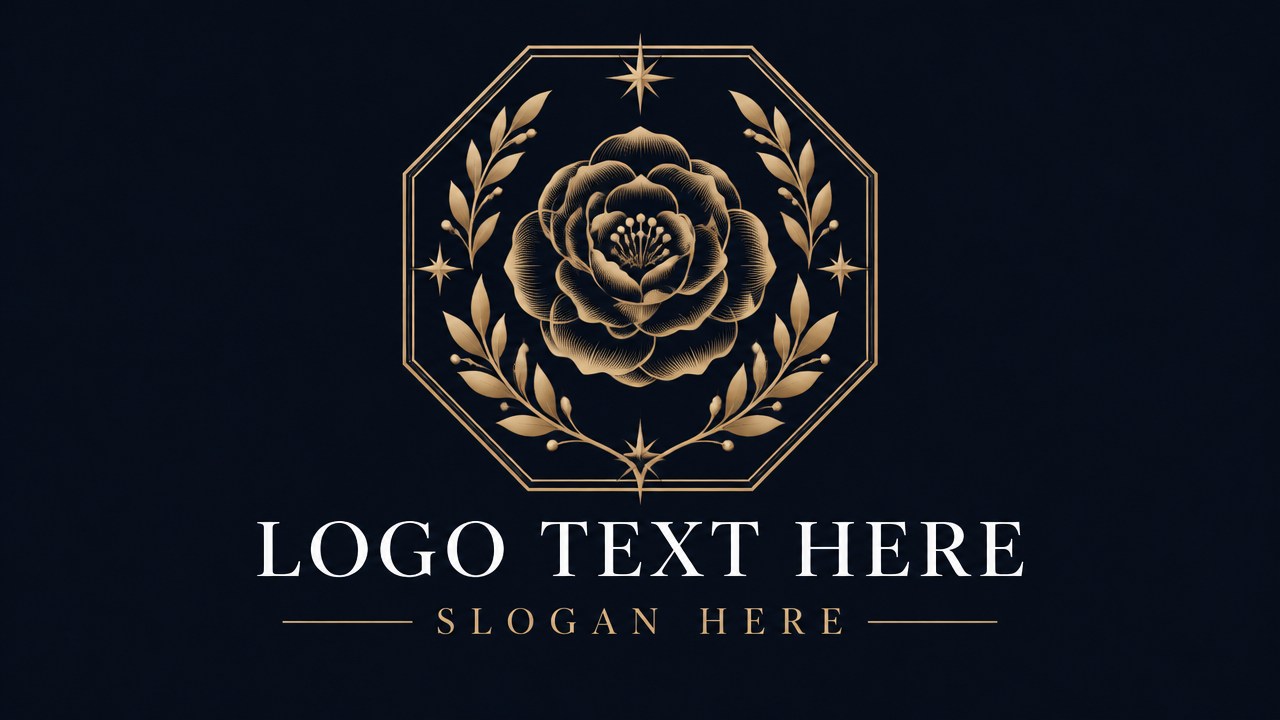 Luxurious gold geometric camellia flower crest logo template with LOGO TEXT HERE and SLOGAN HERE.