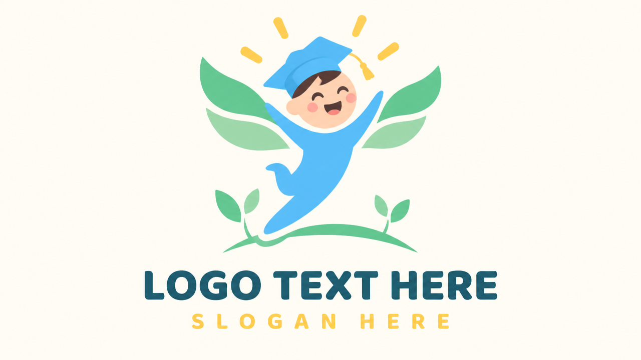 Cheerful student leaping with graduation cap and sprouting leaf wings education logo with LOGO TEXT HERE.