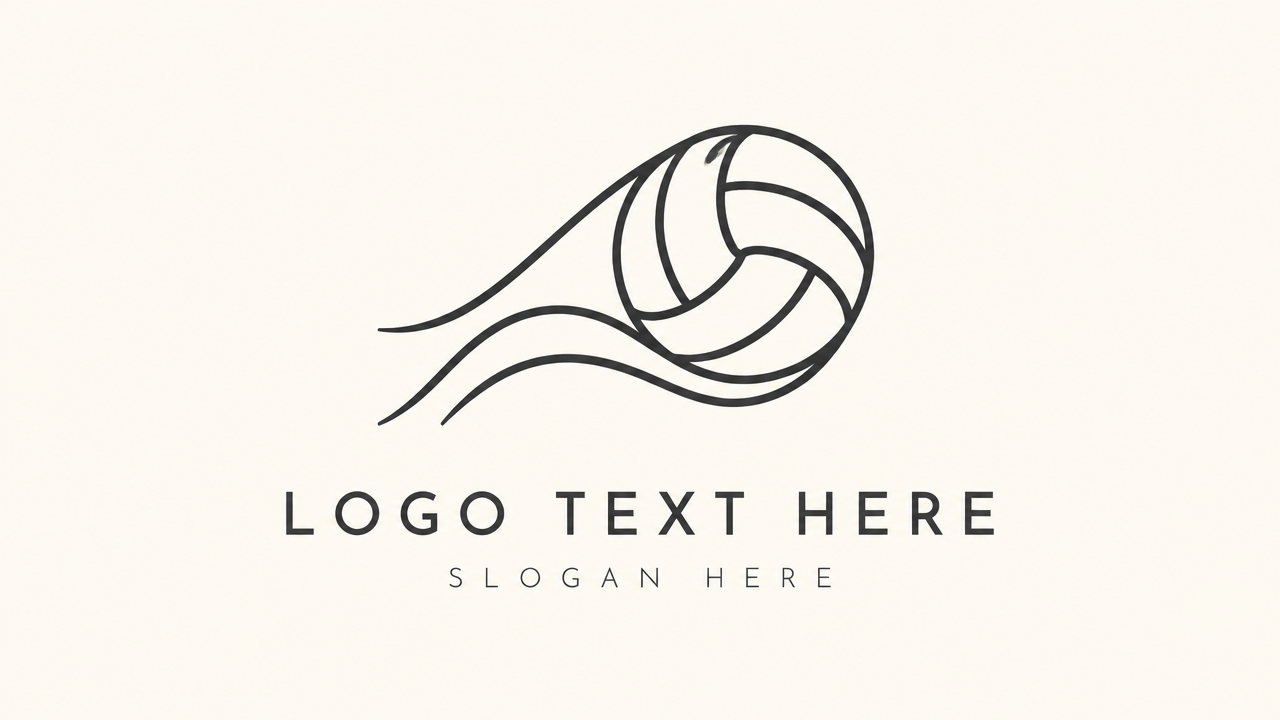 Elegant minimalist line art volleyball logo template with LOGO TEXT HERE typography placeholder.