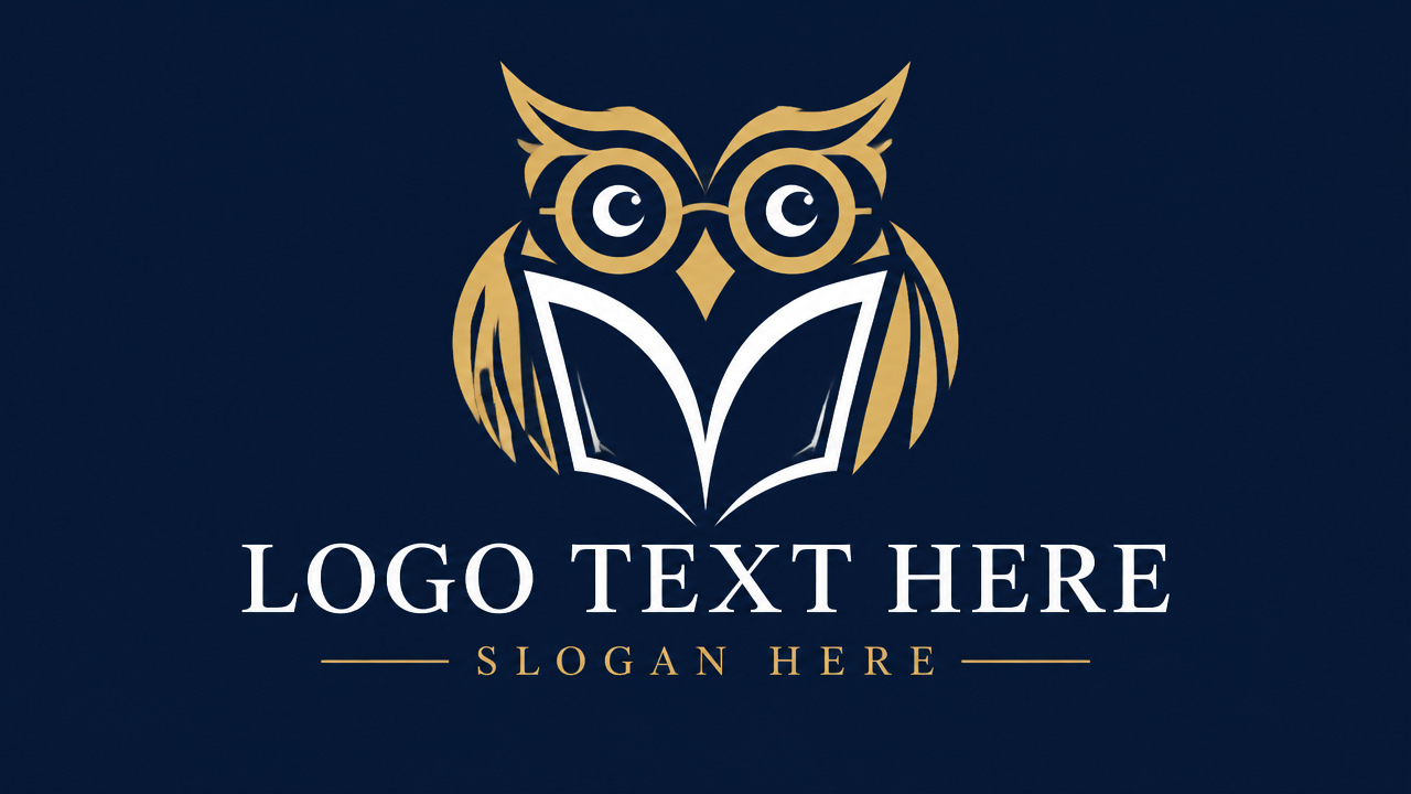 Minimalist geometric owl education logo template for academies with LOGO TEXT HERE on navy background.