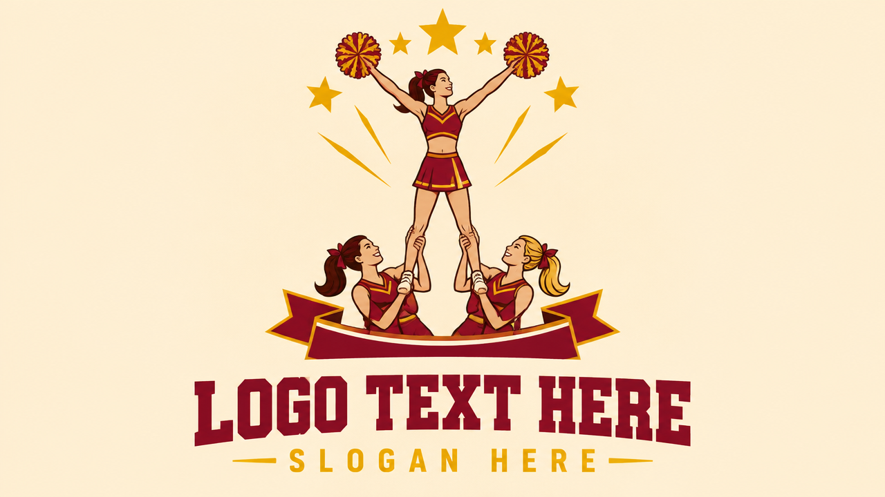Acrobatic gymnastics and cheer stunt pyramid team logo template with LOGO TEXT HERE placeholder.