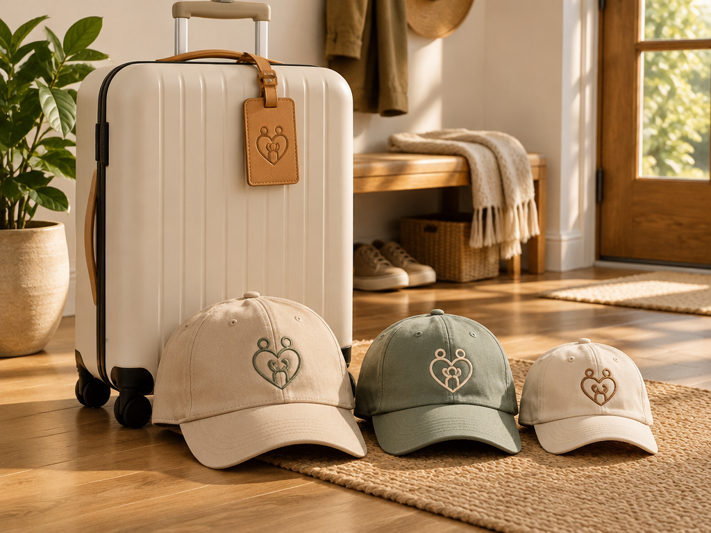 Instant custom family logo elegantly debossed on a leather luggage tag alongside matching embroidered family caps