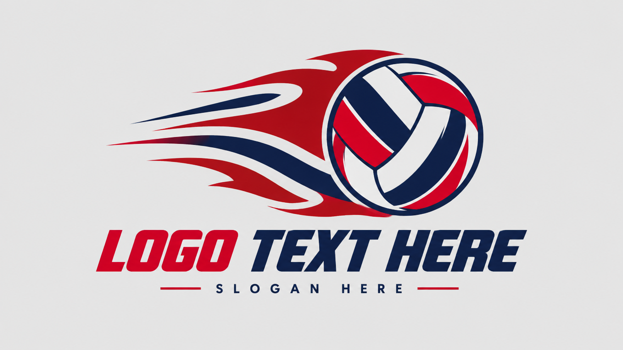 Minimalist dynamic flaming volleyball vector logo design with LOGO TEXT HERE placeholder.