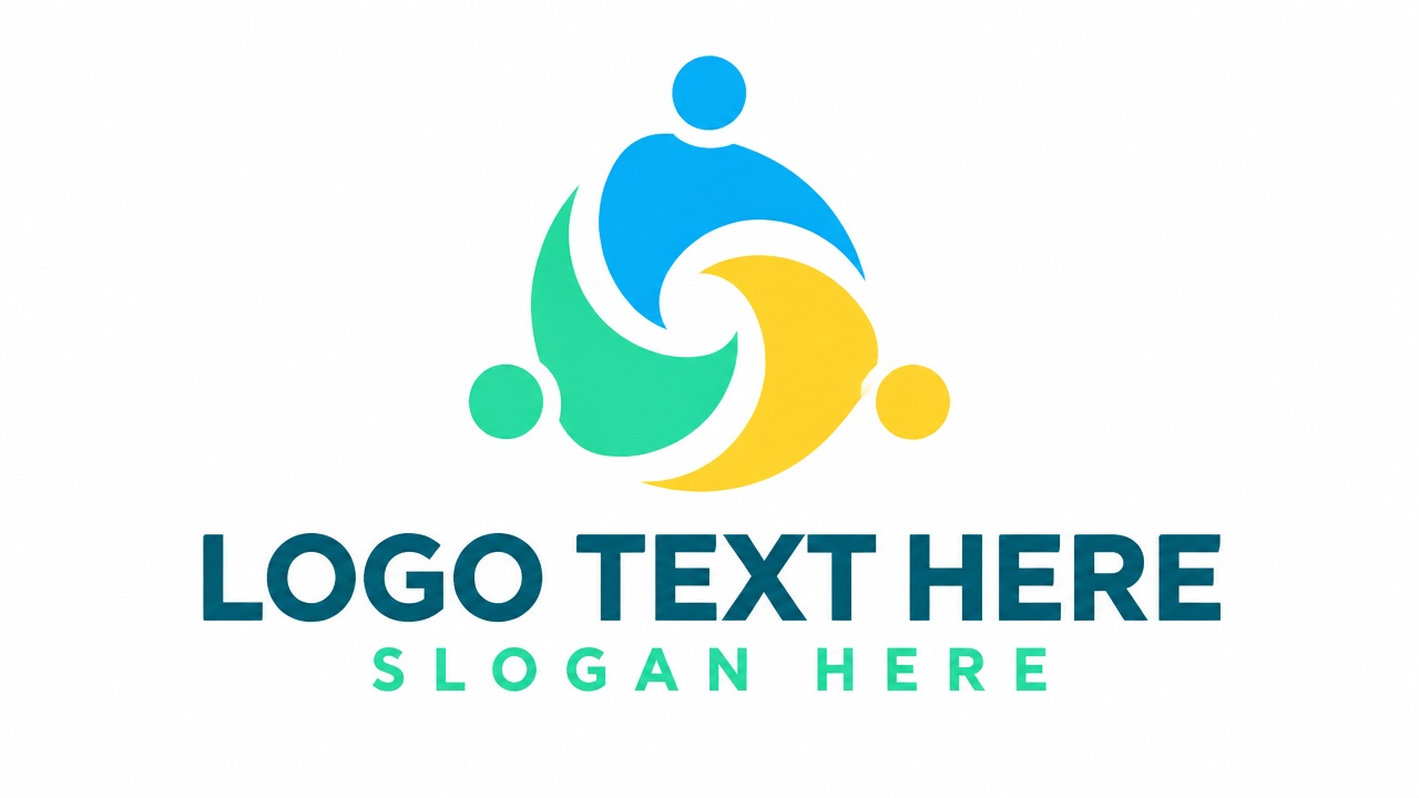 Clean geometric teamwork logo template in vibrant cyan and lemon yellow with LOGO TEXT HERE.
