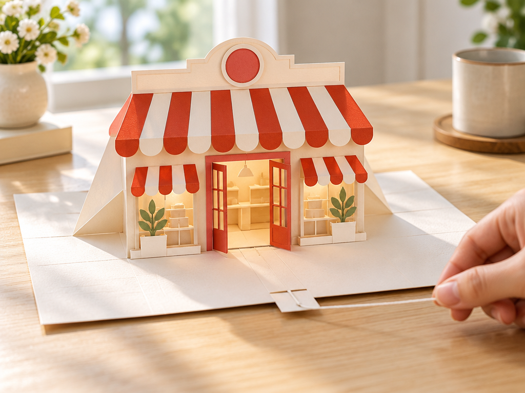A flat paper sheet effortlessly popping up into a crisp 3D striped awning store logo emblem with a gentle pull.