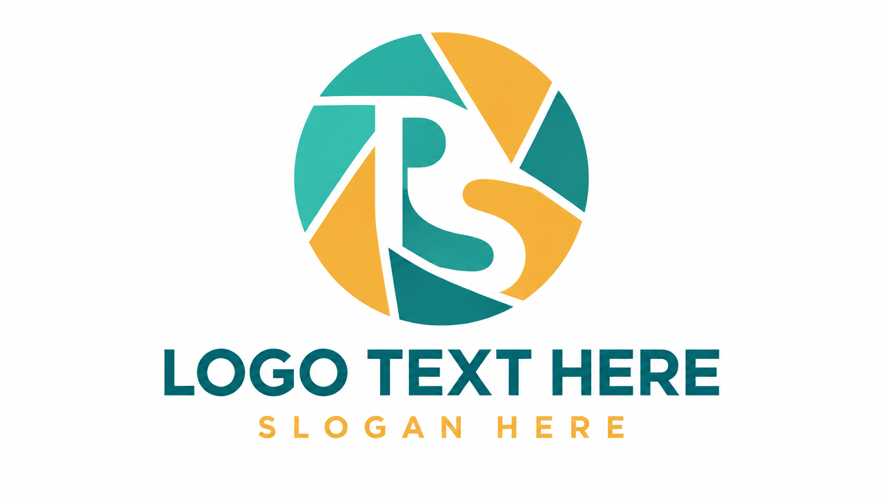 Creative negative space camera shutter photo studio logo with hidden PS letters and LOGO TEXT HERE.