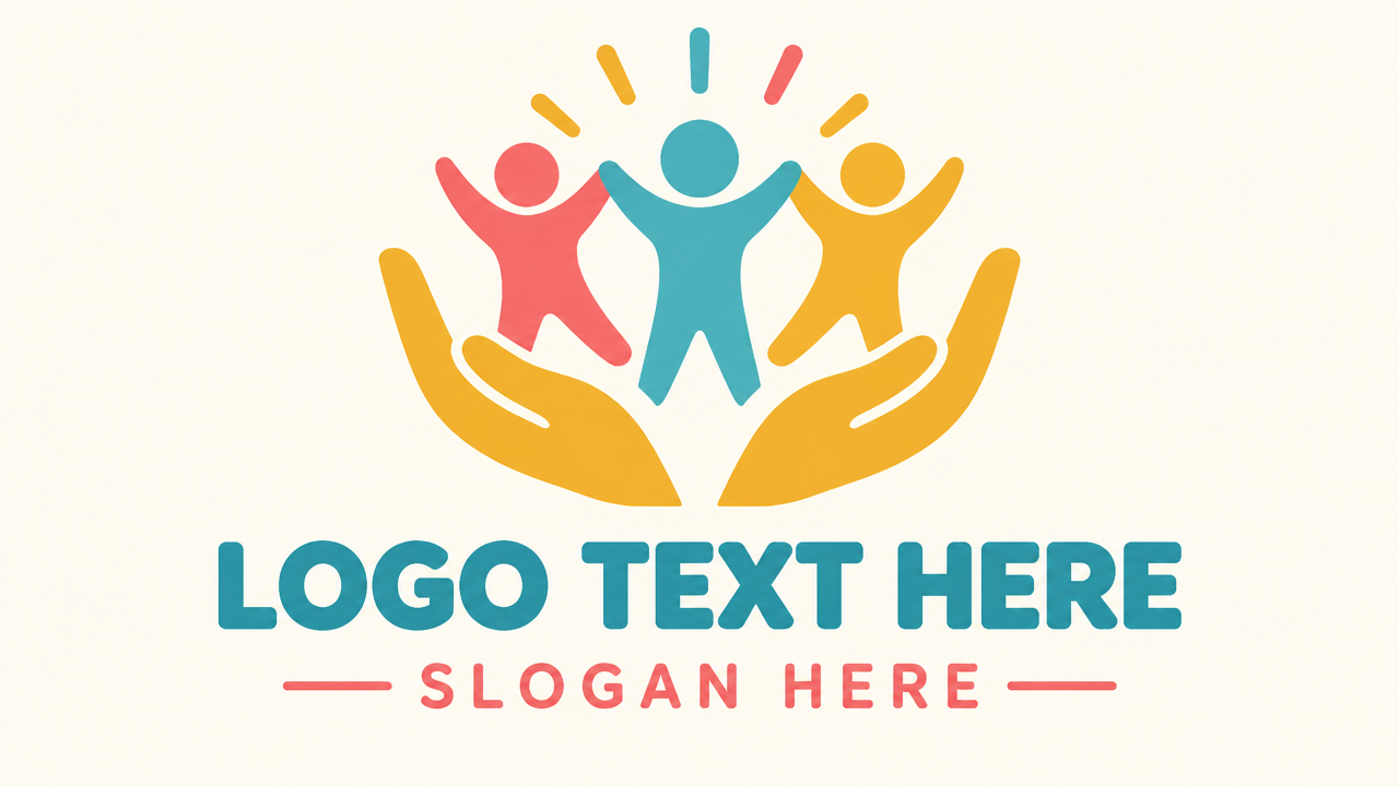 Community teamwork logo featuring caring open hands lifting three united people figures with LOGO TEXT HERE.
