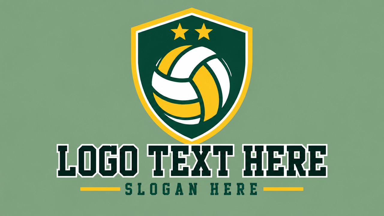 Modern collegiate shield volleyball team crest with LOGO TEXT HERE template on clean background.