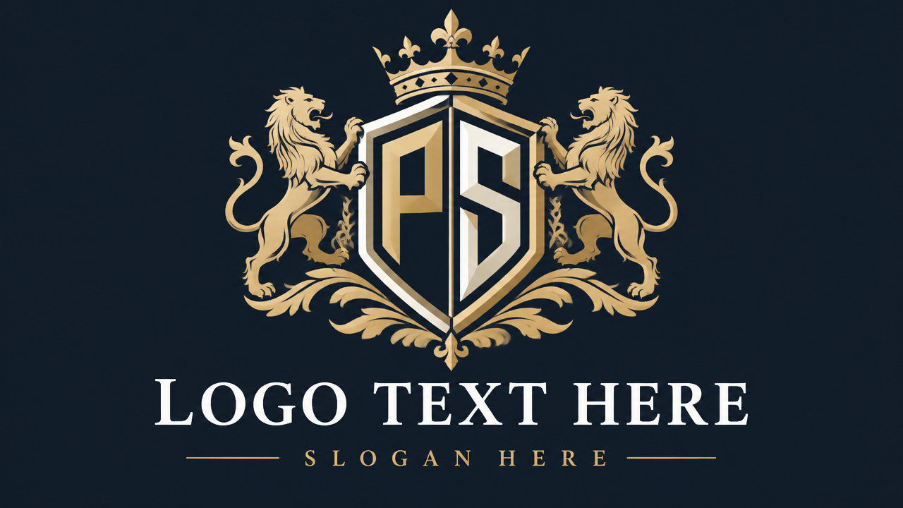 Intricate heraldic shield crest logo integrating letters P and S with LOGO TEXT HERE and SLOGAN HERE.