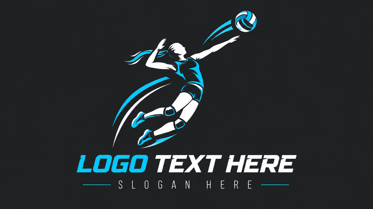 Dynamic minimalist volleyball player spike silhouette logo with LOGO TEXT HERE and SLOGAN HERE.