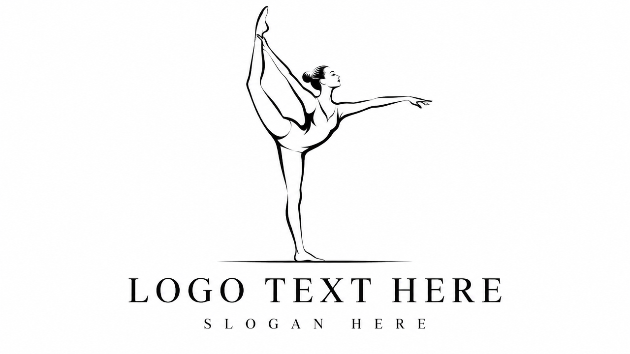 Crisp black and white outline gymnastics logo template with elegant balance beam pose and LOGO TEXT HERE.