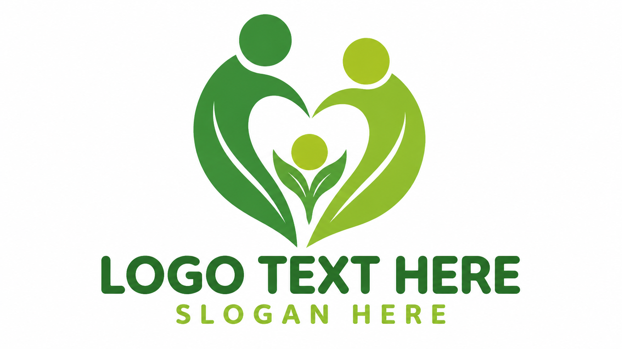 Fresh green organic leaf sprout family logo template with LOGO TEXT HERE placeholder.