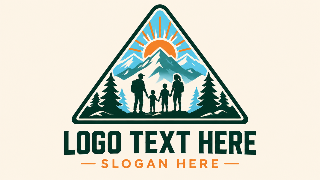 Outdoor family adventure camp logo badge with mountains and pine trees with LOGO TEXT HERE.