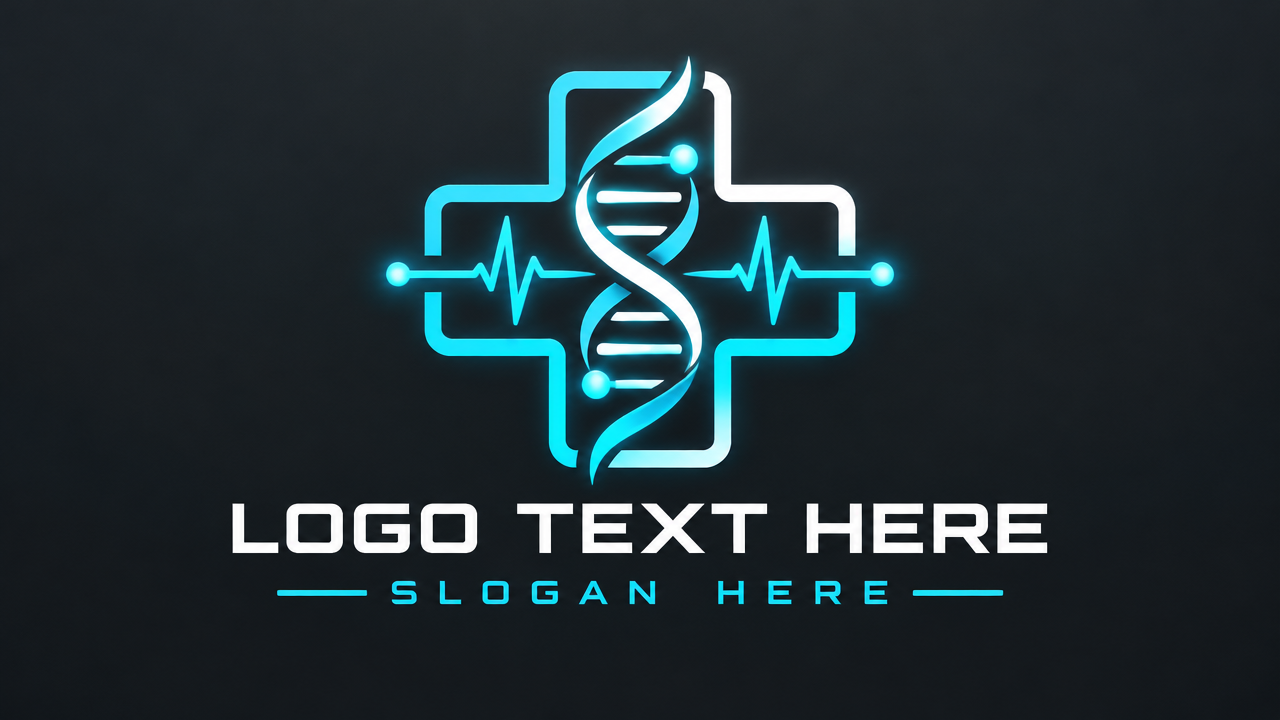Innovative digital health doctor logo template with glowing pulse cross and LOGO TEXT HERE placeholder.