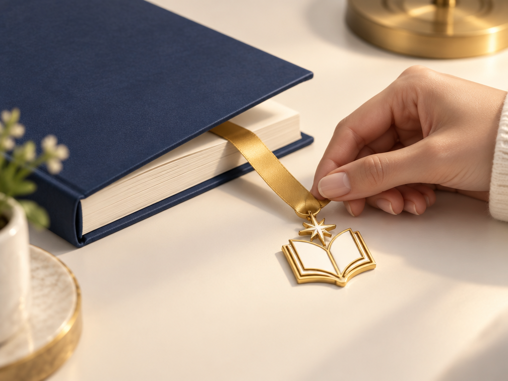 A silk bookmark ribbon gently sliding open an academic journal to effortlessly reveal a pristine custom education logo emblem.