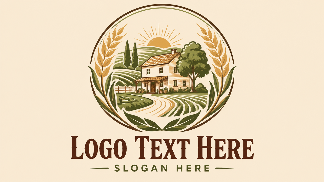 Vintage artisanal family farm logo badge with wheat ears and farmhouse with LOGO TEXT HERE.
