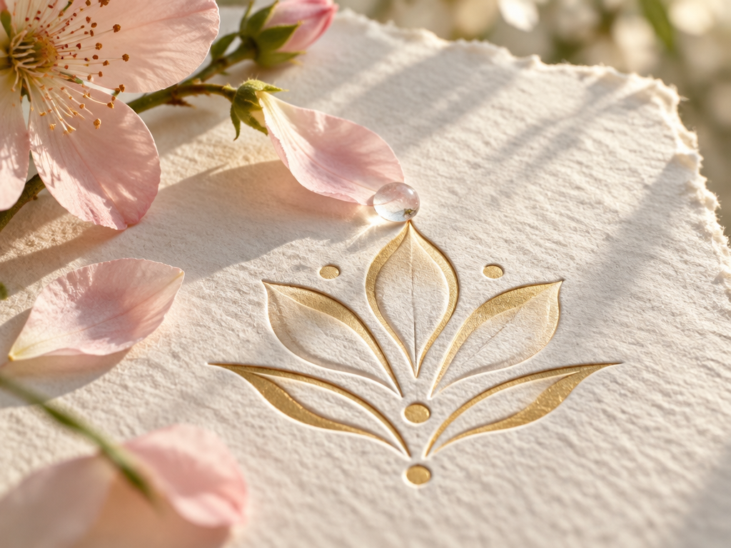 Fresh floral petals effortlessly imprinting an immaculate, embossed minimalist flower logo onto handmade paper.