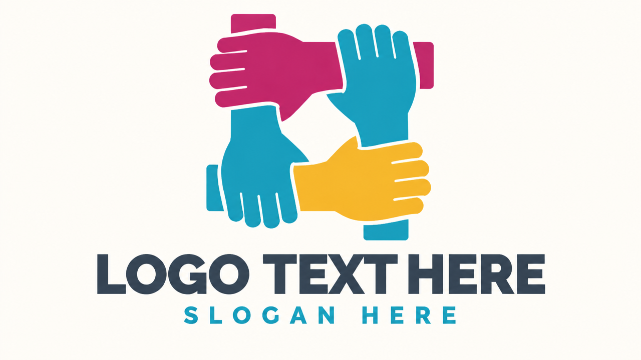 Four hands grasping wrists in unity teamwork logo design template with LOGO TEXT HERE.
