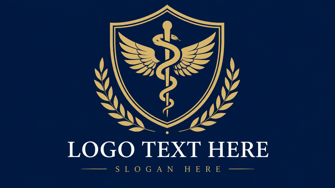 Prestigious traditional doctor caduceus shield crest logo template with LOGO TEXT HERE and SLOGAN HERE.